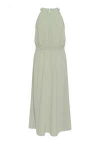 Light green sleeveless dress with a smocked waist, flowing design, and a button closure at the back. Smooth fabric with vertical pleats.