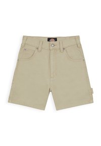 Short de travail Dickies beige avec poches avant, passants de ceinture, bouton devant et boucle utilitaire latérale.