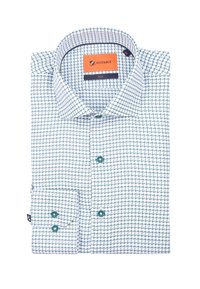 Wit shirt met een groen houndstoothpatroon, voorzien van een klassieke kraag, knoopmanchetten en een label met "Suitable" branding.