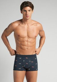 Pantalones cortos de boxeo en color navy con un patrón de figuras de natación coloridas. Fabricados con un material suave y elástico, cuentan con una cómoda cinturilla elástica. Diseño ajustado.