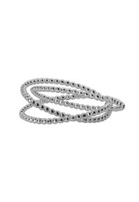 Tre anelli metallici intrecciati realizzati con perle di argento lucido, con un design liscio e arrotondato, caratterizzato da una texture uniforme e una superficie riflettente.