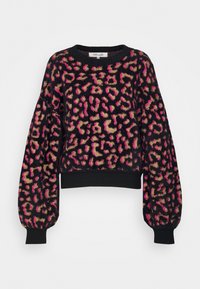 Svart tröja med en fluffig textur som har ett färgglatt leopardskinn i rosa och beige. Ribbad manschetter och nederkant, med ballongsärmar.