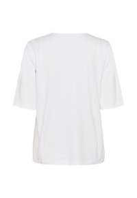 Chemise blanche unie à manches courtes vue de dos, avec un col rond simple et des détails de coutures verticales.