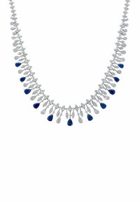 Silver necklace featuring alternating teardrop-shaped blue and clear gemstones, arranged in a cascading design with intricate detailing.