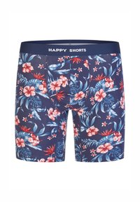 Marineblaue Boxershorts mit floralem Muster, das rote und weiße Blumen, grüne Blätter und einen marineblauen Bund mit der Aufschrift "HAPPY SHORTS" zeigt.