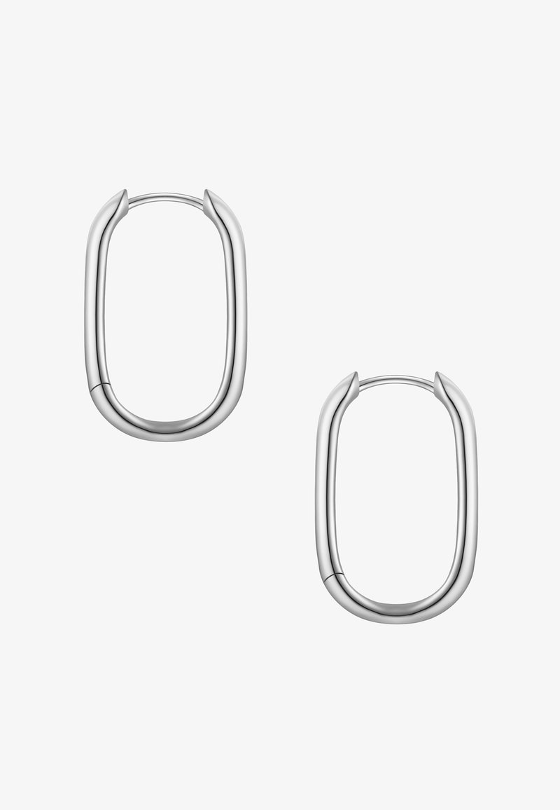Srebrni ovalni uhani s gladko, sijočo površino in zmerno koničastimi robovi. Lahki, s preprostim, sodobnim dizajnom.