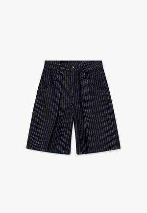 Tumesinised triibulised põlveni ulatuvad lühikesed püksid ees taskute, vööaasa ja esikinnisega nööpidega.