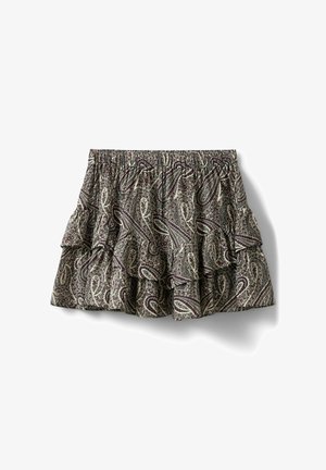 Kort nederdel med paisley-mønster, lagdelte flæser og elastisk talje i beige, brun og mørk lilla toner.