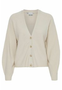 Krämfärgad cardigan med djup V-hals, ribbad textur och långa ärmar. Har fem knappar framtill och en kortad längd.