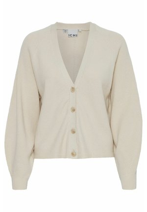 Cremefarbener Cardigan mit tiefem V-Ausschnitt, geripptem Textur und langen Ärmeln. Verfügt über fünf Knöpfe vorne und hat eine verkürzte Länge.
