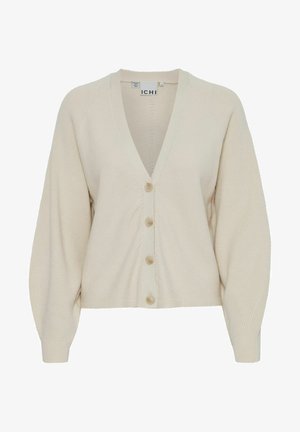 Krem kardigan s dubokim V-izrezom, rebrastom teksturom i dugim rukavima. Ima pet dugmadi sprijeda i skraćenu dužinu.