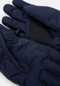 Temno modri izolirani rokavice z vodoodporno zunanjostjo. Imajo usnjeno dlan in logo na zapestju. Elastični manšeta za varno prileganje.