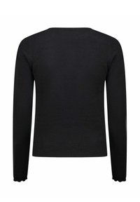 Maglione nero a maniche lunghe con scollo rotondo, polsini e orlo a coste. Tessuto liscio, design minimalista, senza motivi o dettagli visibili.