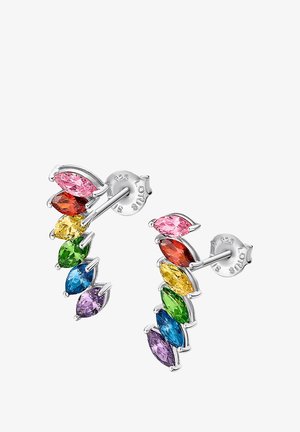 Boucles d'oreilles en argent ornées de pierres colorées taille marquise : rose, rouge, jaune, vert, bleu et violet, agencées dans un design en forme de vague.