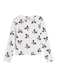 Camicia bianca in cotone a maniche lunghe con motivo di fiocchi neri. Tessuto a costine, collo rotondo e taglio dritto.