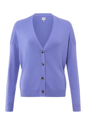 Purple ribbed cardigan with a v-neckline, long sleeves, and brown buttons down the front. Soft texture and fitted design.