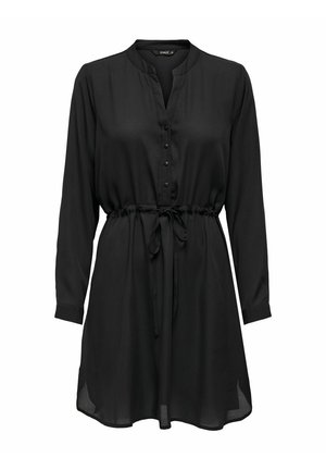 Black long-sleeve dress with a button-up front, collared neckline, adjustable waist tie, and side slits. Soft, smooth fabric texture.