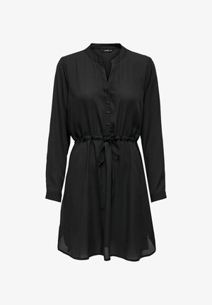 Vestido preto de mangas longas com frente de botões, gola, cinto ajustável na cintura e fendas laterais. Tecido suave e liso.