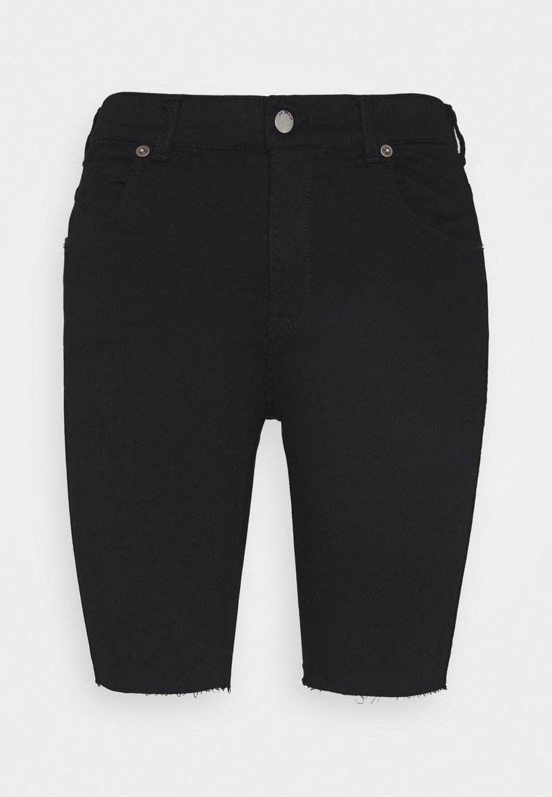 Shorts en denim noir mi-longueur jusqu'au genou avec poches avant, fermeture par bouton, passants pour ceinture et ourlets bruts.