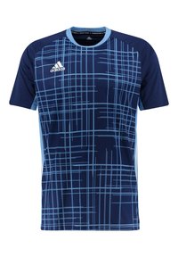 Marinblå idrottströja med korta ärmar, med ett ljusblått rutmönster, rund hals och små mesh-accenter på sidorna. Adidas-logotypen visas.