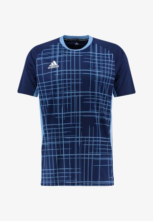 Námořnická modrá sportovní tričko s krátkým rukávem, s lehkým modrým mřížkovaným vzorem, kulatým výstřihem a mírnými bočními síťovinovými akcenty. Logo Adidas.