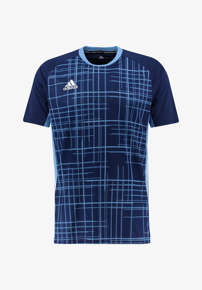 Sininen urheilupaita lyhyillä hihoilla, jossa on vaaleansininen ruutukuosi, pyöreä kaula-aukko ja kevyet sivuverkkokohdat. Adidas-logo esillä.