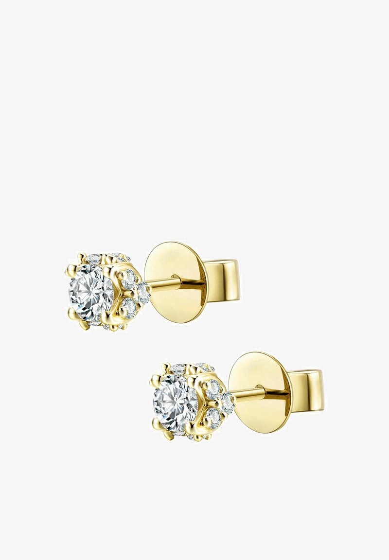 Zelta auskari ar centrālo caurspīdīgo, apaļo rhinestone, apkārt tam izvietoti mazāki rhinestones, ierāmēti dekoratīvā ietvarā.