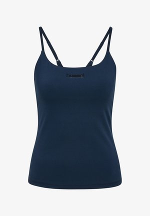 Granatowy dopasowany top na ramiączkach z cienkimi regulowanymi paskami i małym czarnym logo „hummel” umieszczonym na środku poniżej dekoltu.