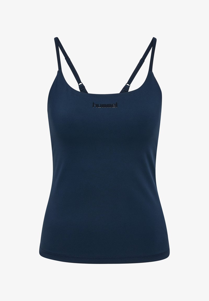 Marineblaues eng anliegendes Tanktop mit dünnen verstellbaren Trägern und kleinem schwarzem "hummel"-Logo, das unterhalb des Halsausschnitts in der Mitte platziert ist.