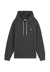 Sudadera de color gris oscuro con un bolsillo frontal, cordones amarillo-verde y un pequeño logo de calavera bordado en el pecho. Material de mezcla de algodón.