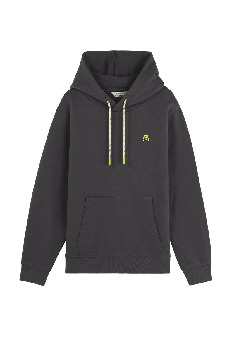 Sudadera de color gris oscuro con un bolsillo frontal, cordones amarillo-verde y un pequeño logo de calavera bordado en el pecho. Material de mezcla de algodón.