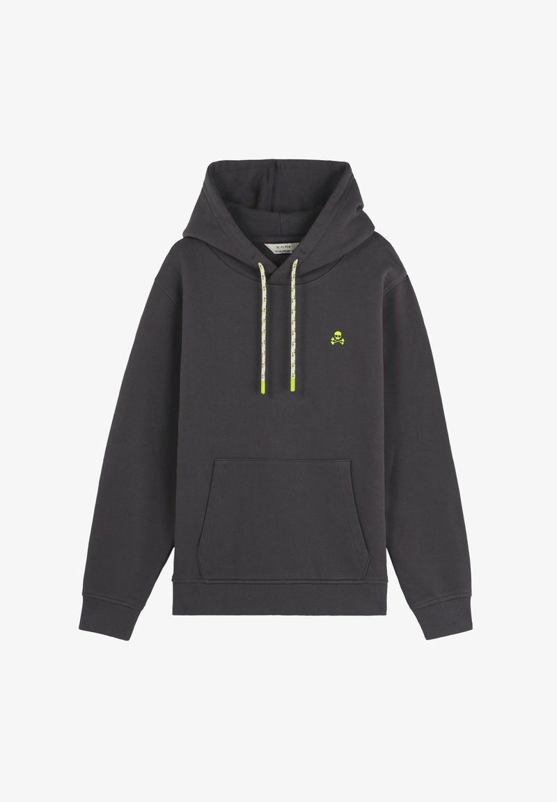 Dark gray hoodie with a front pocket, yellow-green drawstrings, and a small skull logo embroidered on the chest. Cotton blend material.
