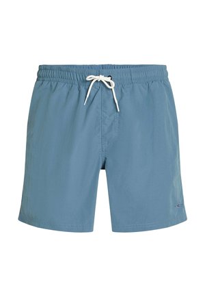 Šviesiai mėlyni plaukimo šortai iš lengvos medžiagos, su elastinga juosmens juosta ir baltu raišteliu, turi šonines siūlių kišenes.