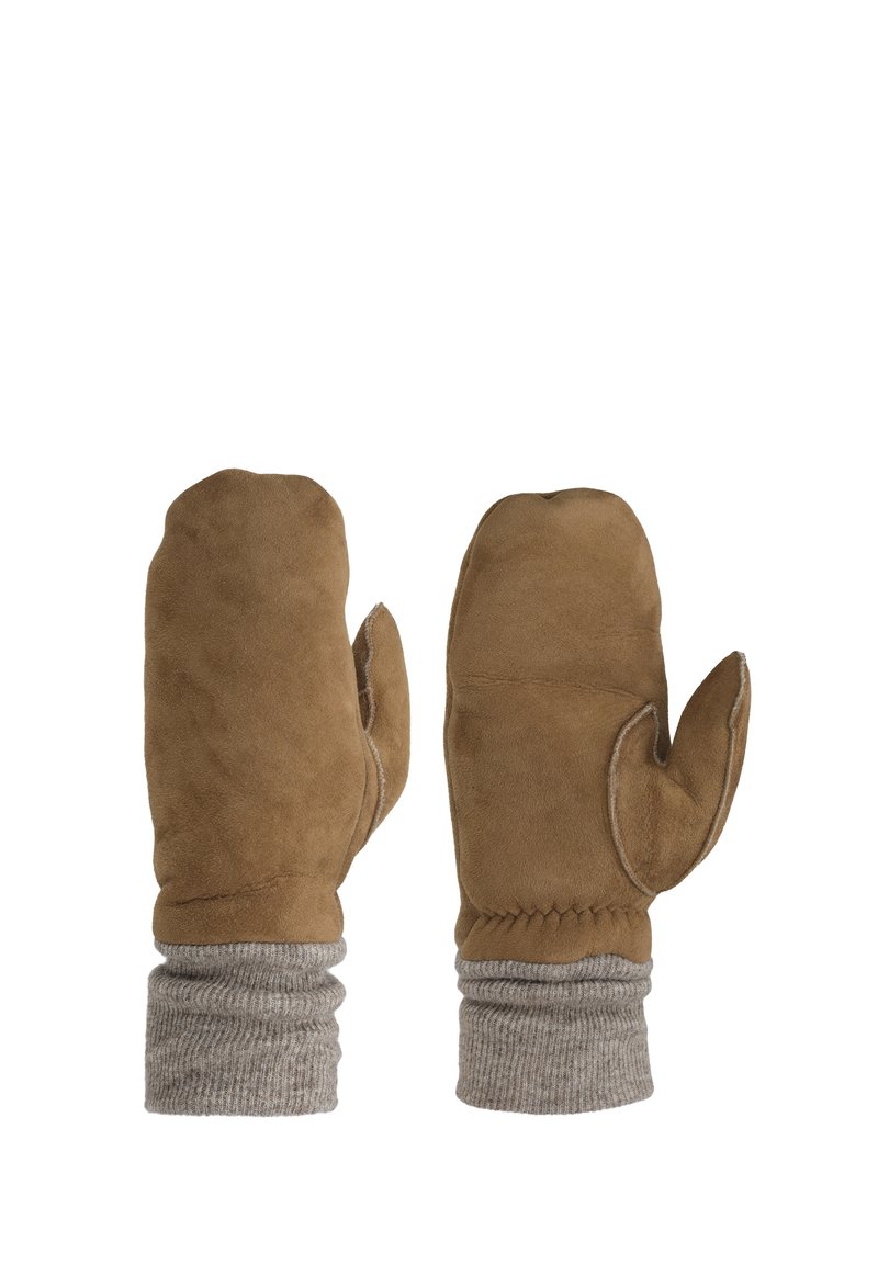 Hnědé semišové rukavice s ribbed šedým pleteným manžetou, se zjednodušeným designem, zaobleným tvarem a hladkým povrchem.