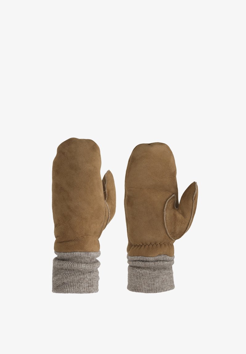 Hnědé semišové rukavice s ribbed šedým pleteným manžetou, se zjednodušeným designem, zaobleným tvarem a hladkým povrchem.