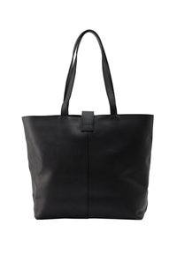 Zwarte leren tote bag met dubbele handgrepen, rechthoekige vorm, gladde textuur, minimalistisch ontwerp en een centrale sluitband.