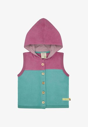 Mouwloze capuchonvest in roze en petrol met vijf houten knopen aan de voorkant en een klein stoffen merketiket aan de onderkant.