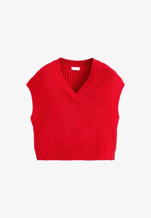 Punane kudumata ilma varrukat kampsun V-kaelusega, millel on tekstureeritud ribikujundus ja sobiv alumine äär. Silt ütleb "NEXT."