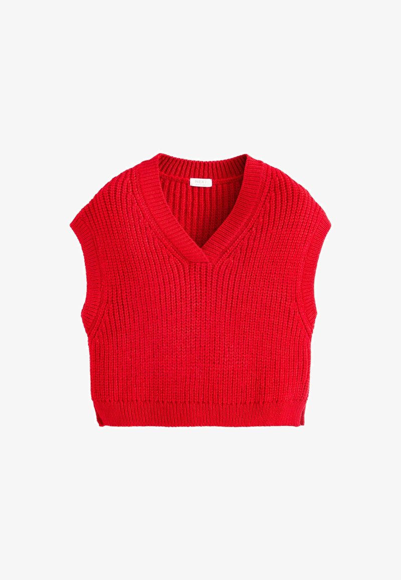 Czerwony, dziany sweter bez rękawów z dekoltem w kształcie litery V, z teksturowanym, prążkowanym wzorem i dopasowanym dolnym wykończeniem. Metka głosi "NEXT".