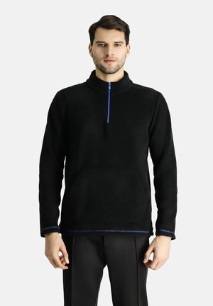 Schwarzer Fleece-Pullover mit hohem Kragen, halblangem Reißverschluss vorne, vorderer Eingrifftasche und blauen Stitching-Akzenten am Saum und an den Bündchen.