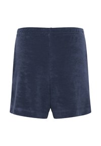 Pantaloni corti blu navy in tessuto morbido con finitura testurizzata. Vita elastica e una semplice forma dritta. Nessuna tasca o decorazione.