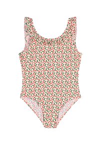 Maillot de bain une pièce avec des bretelles à volants, présentant une base crème et un motif de baies rouges éparpillées et de feuilles vertes.