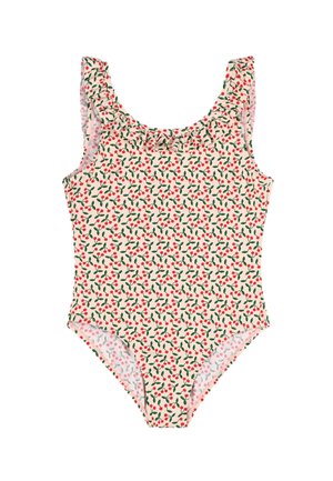 Maillot de bain une pièce avec des bretelles à volants, présentant une base crème et un motif de baies rouges éparpillées et de feuilles vertes.