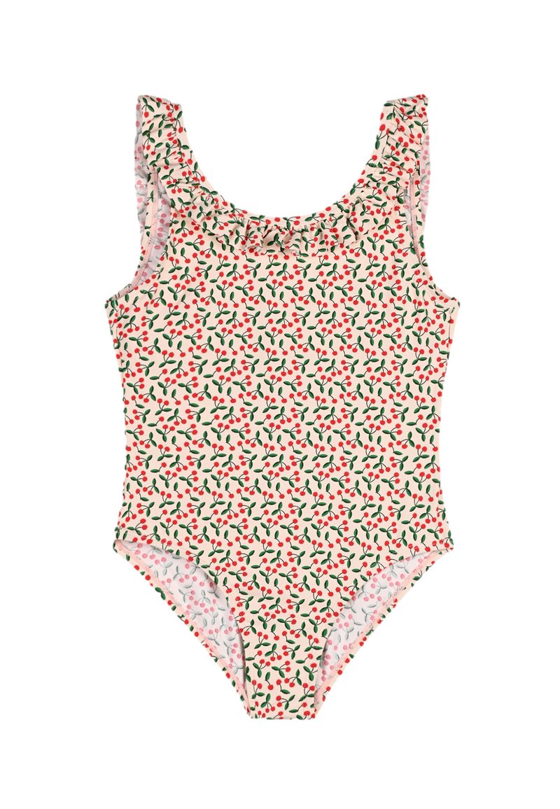 Maillot de bain une pièce avec des bretelles à volants, présentant une base crème et un motif de baies rouges éparpillées et de feuilles vertes.
