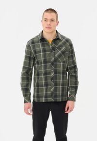 Groene geruite lange mouw shirt met een knoopsluiting, met contrasterende witte lijnen en een borstzak. Lichtgewicht stof en moderne snit.