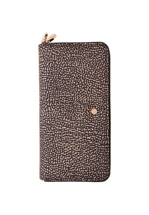 Portafoglio zip-around con motivo marrone e beige, materiale testurizzato, forma rettangolare, dotato di accessori in metallo dorato e chiusura a scatto.