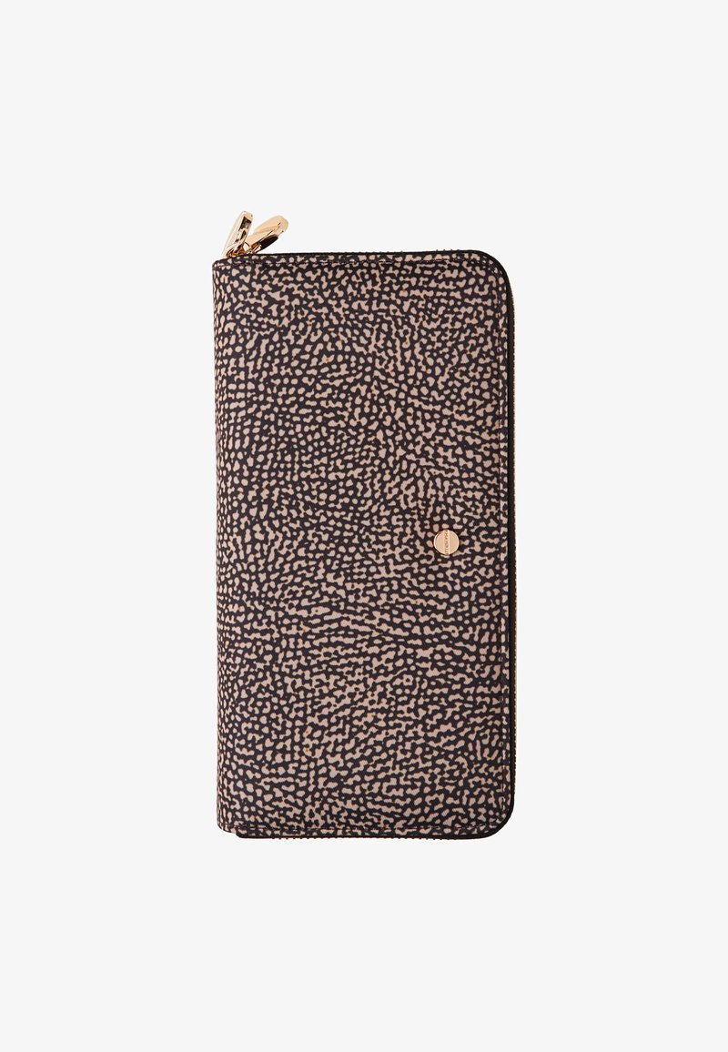 Zip-around wallet in brown and beige pattern, textured material, rectangular shape, features gold-tone hardware and a snap closure.
