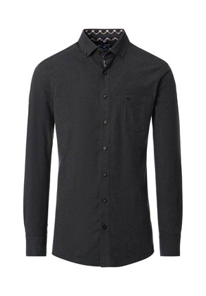 Dunkelgrau langärmliges Button-Up-Hemd mit einer aufgesetzten Tasche, kontrastierendem gemustertem Innenkragen und braunen Knöpfen an der Vorderblende.