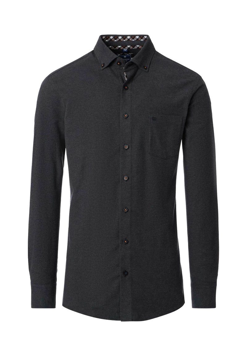 Dunkelgrau langärmliges Button-Up-Hemd mit einer aufgesetzten Tasche, kontrastierendem gemustertem Innenkragen und braunen Knöpfen an der Vorderblende.