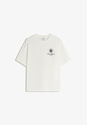 White cotton t-shirt with short sleeves, featuring a black graphic print and text on the left chest area. Classic crew neck design.